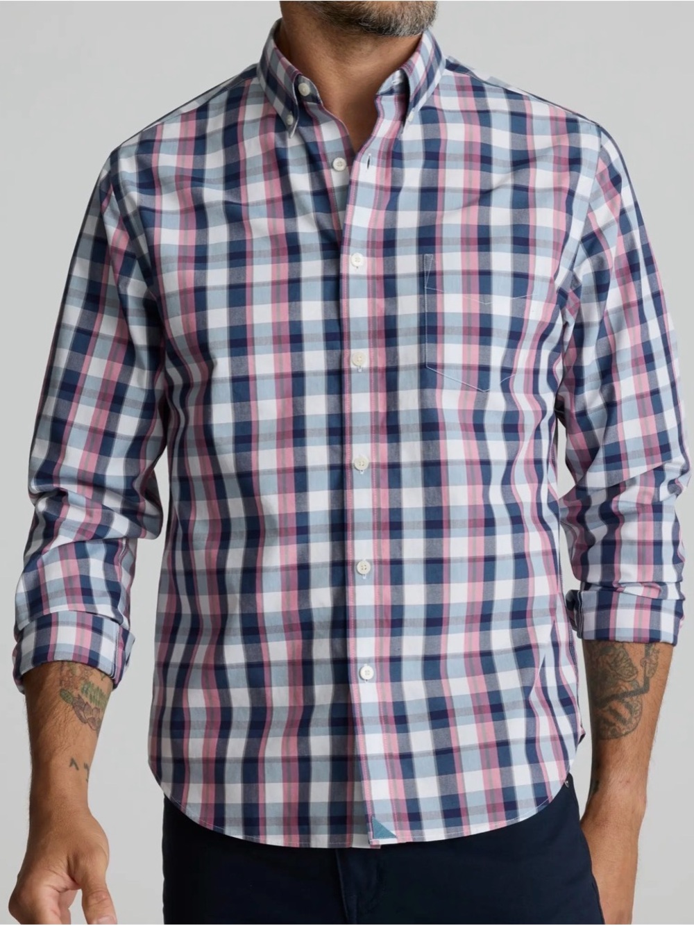 UNTUCKit MAITLAND Pink & Navy Plaid Button-Down Shirt, size M